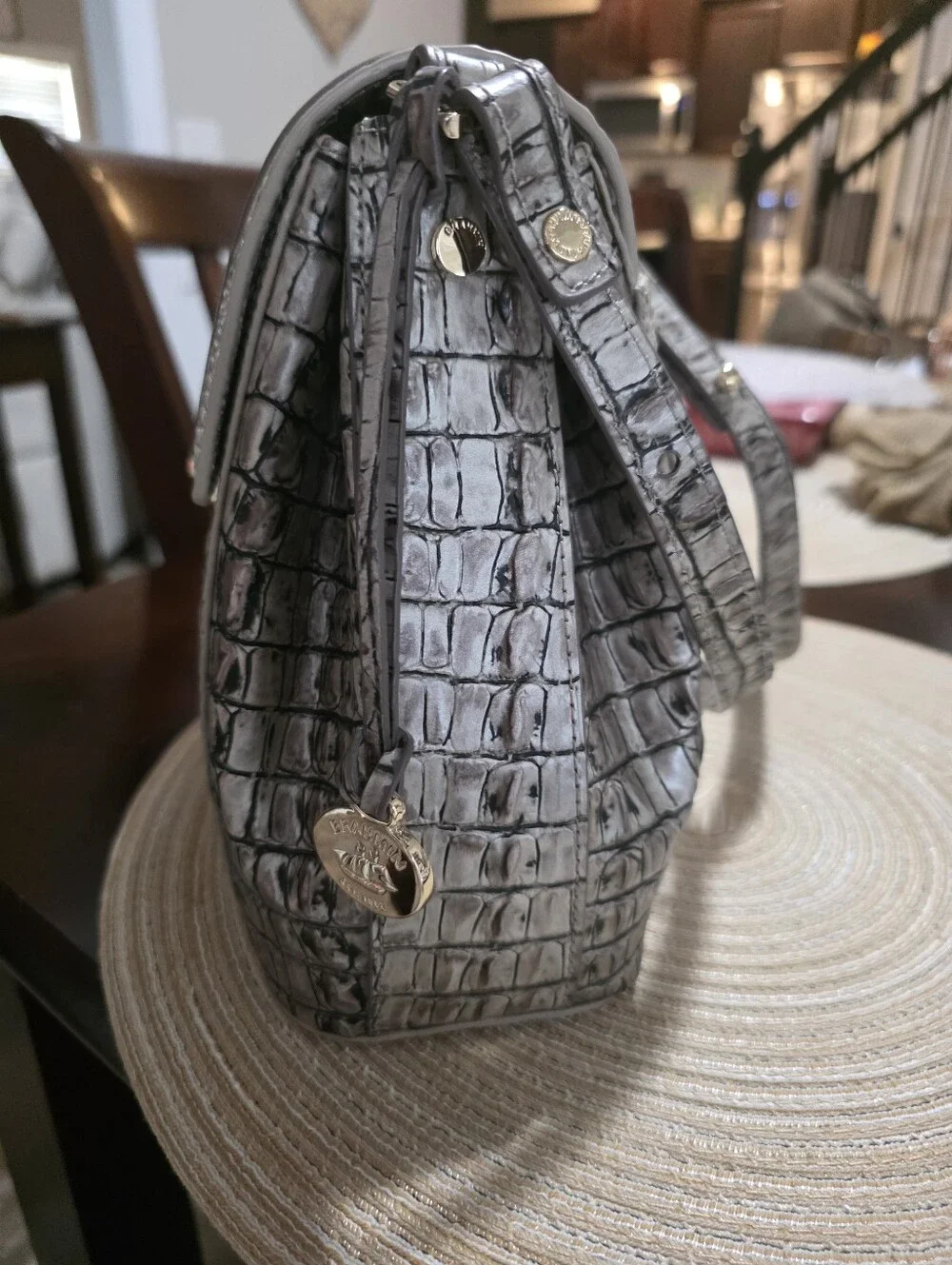 Brahmin Light Gray Croc-Embossed Satchel with Matching Wallet & Coin Pouch